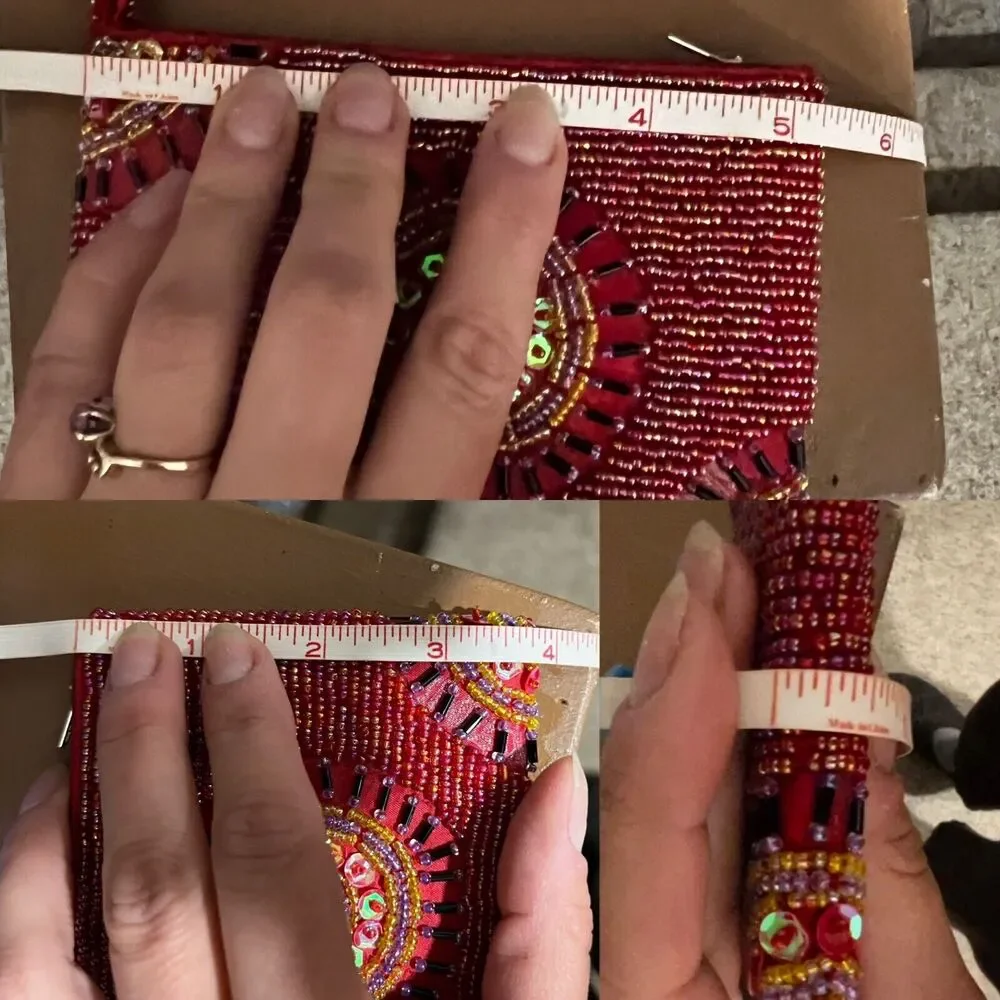 Unbranded Beaded Red Zip Top Satin Inside Clutch Purse Change Purse